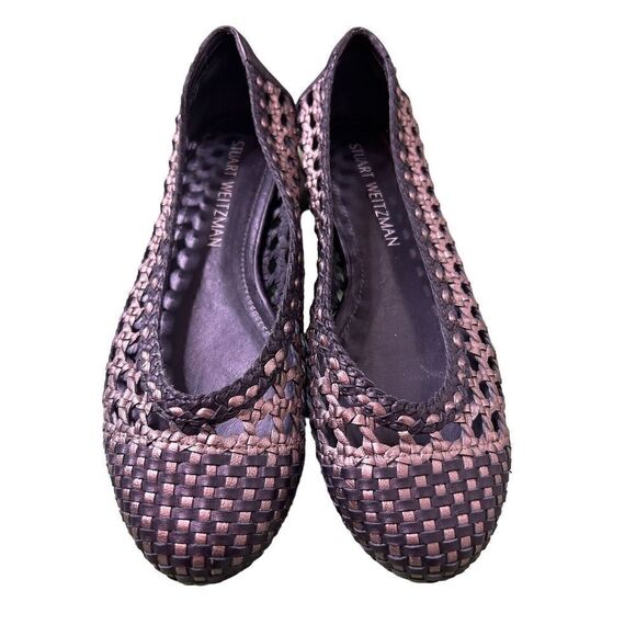 Stuart Weitzman Black And Gold Metallic Woven Leather Ballet Flats Size 7 M - Picture 1 of 6